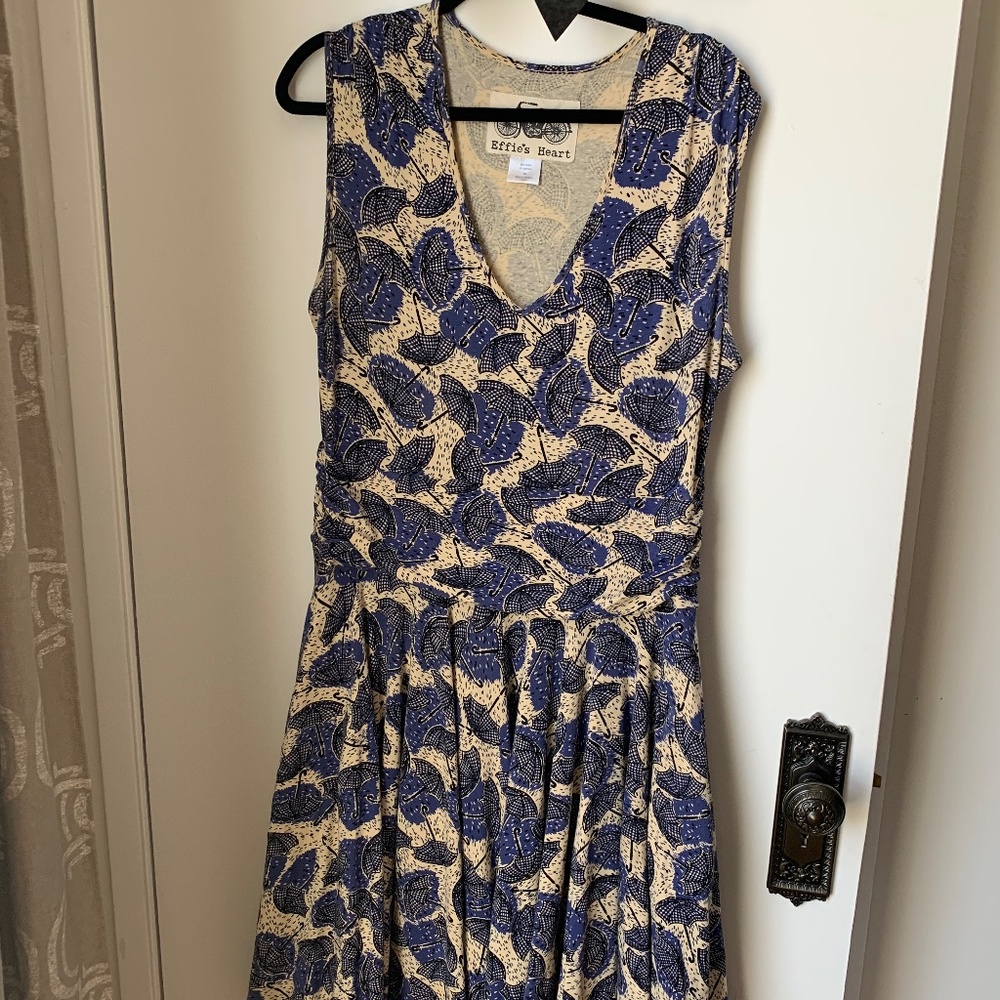 Effie’s heart purple umbrellas stretch fabric dress with full skirt + pockets XL